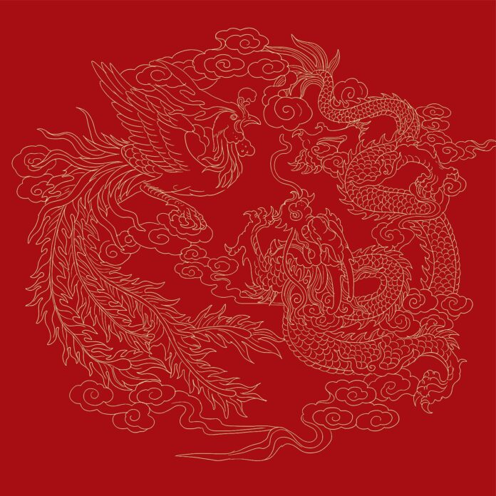 Vector Rồng Phượng phong cách truyền thống Á Đông màu vàng kim trên nền đỏ son, tinh xảo và uy nghi.