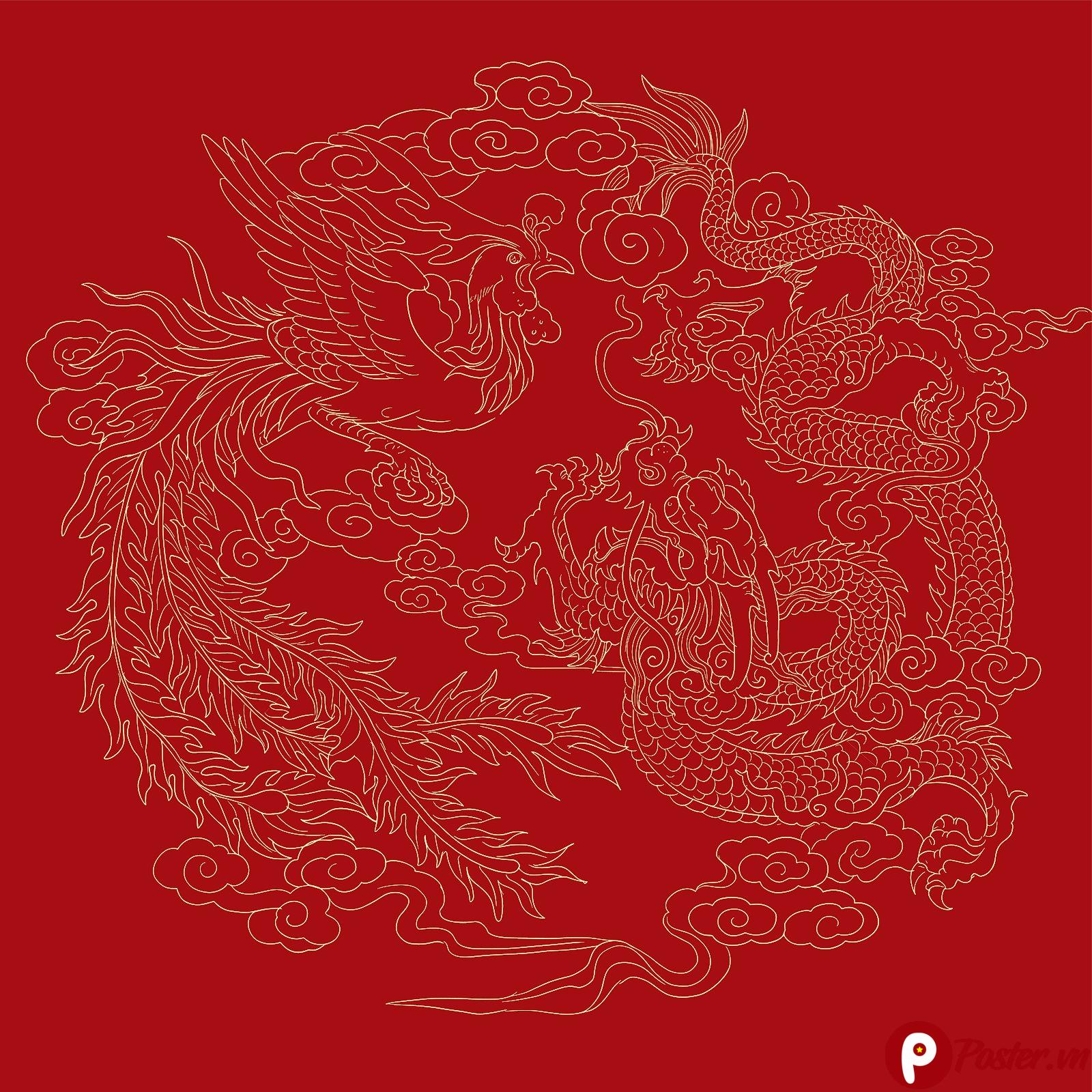 Vector Rồng Phượng phong cách truyền thống Á Đông màu vàng kim trên nền đỏ son, tinh xảo và uy nghi.