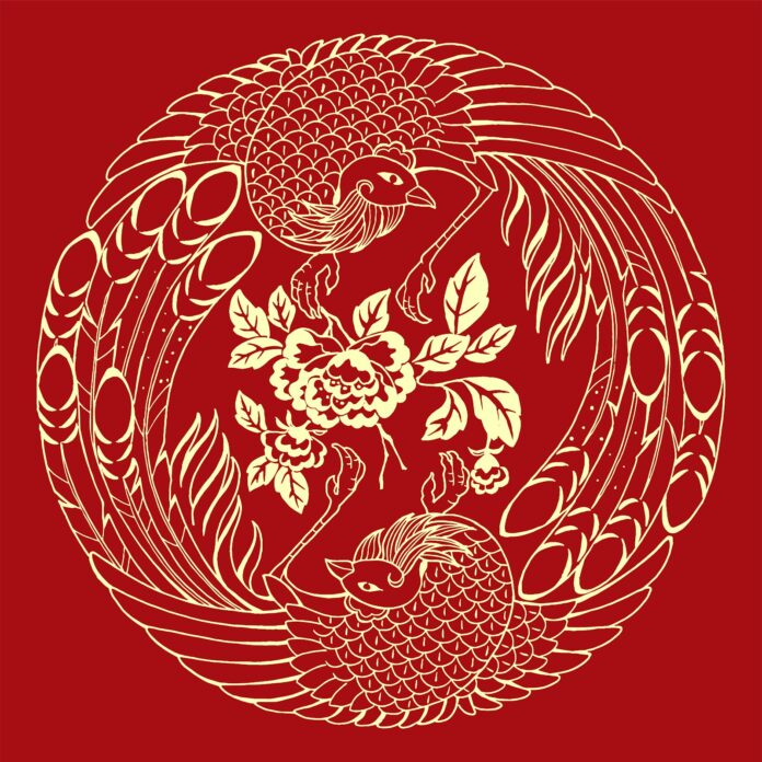 Vector Rồng Phượng và Hoa Mẫu Đơn trên nền đỏ rực rỡ, biểu tượng may mắn thịnh vượng