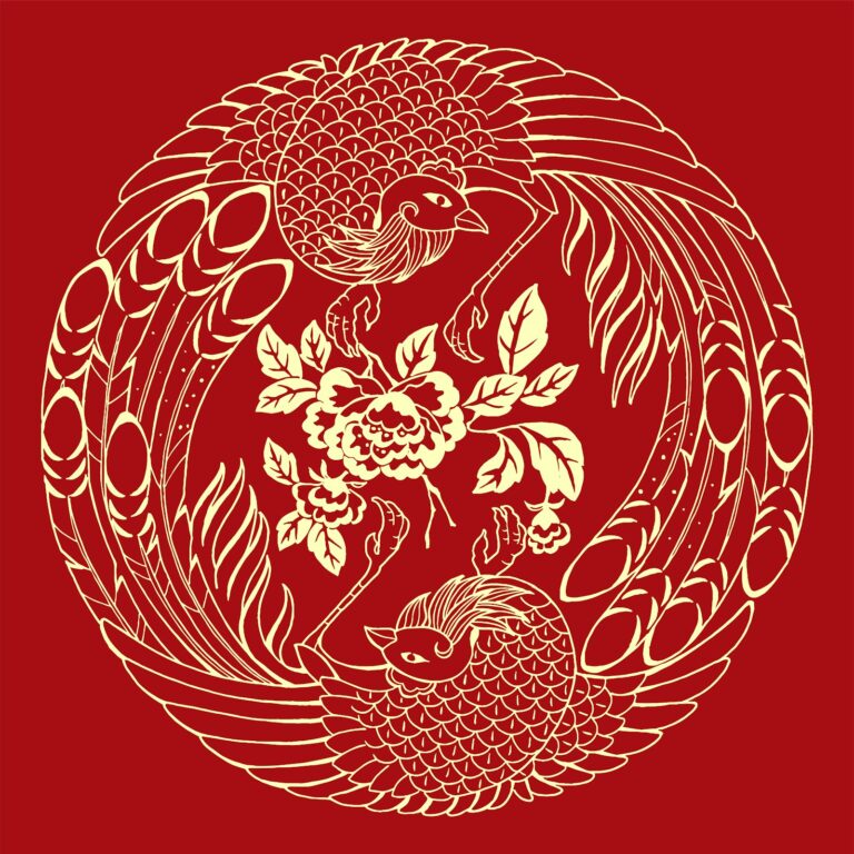 Vector Rồng Phượng và Hoa Mẫu Đơn trên nền đỏ rực rỡ, biểu tượng may mắn thịnh vượng