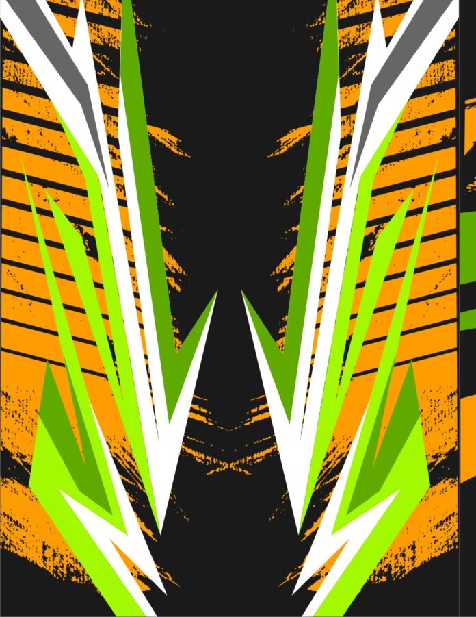 Mẫu vector tem xe thể thao phong cách đồ họa trừu tượng màu xanh neon và cam