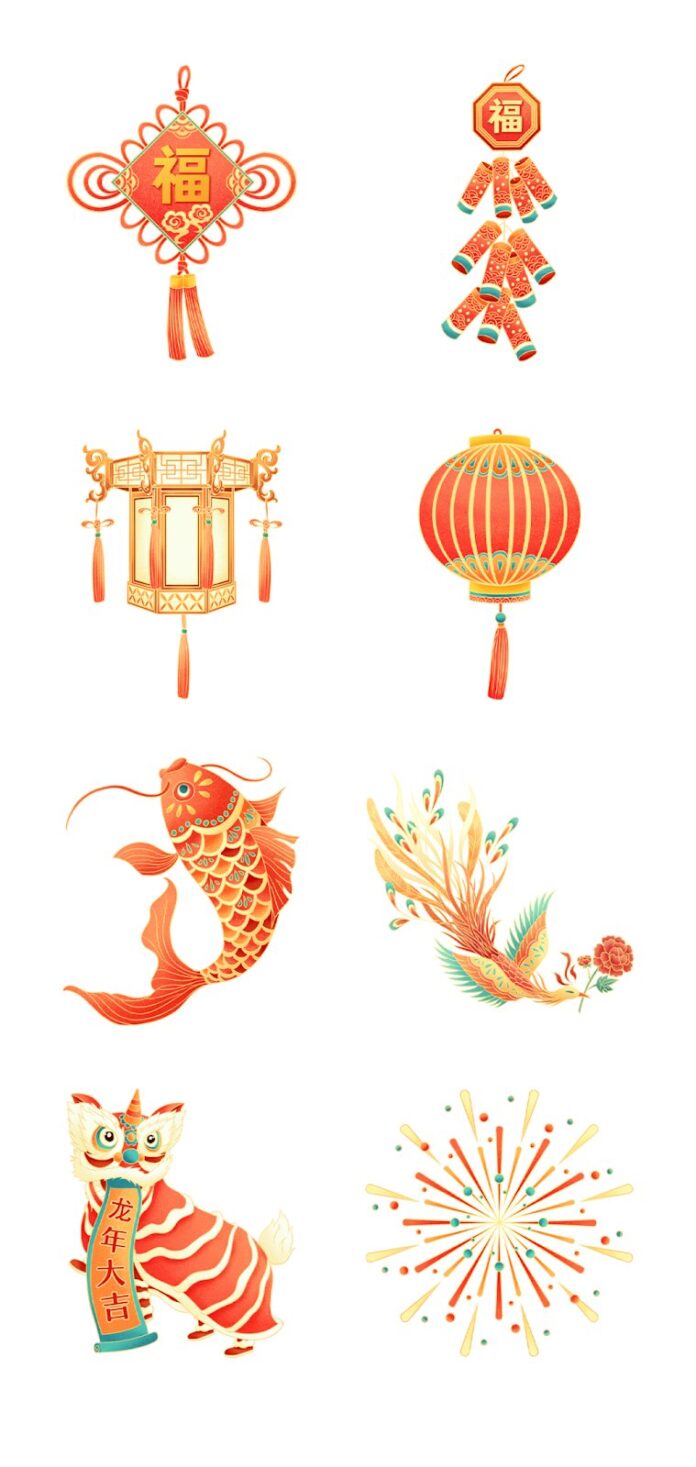 Bộ sưu tập vector Tết Nguyên Đán 2024 Năm Rồng dạng PSD với các biểu tượng may mắn như nút thắt, đèn lồng, cá chép, phượng hoàng, múa lân và pháo hoa.