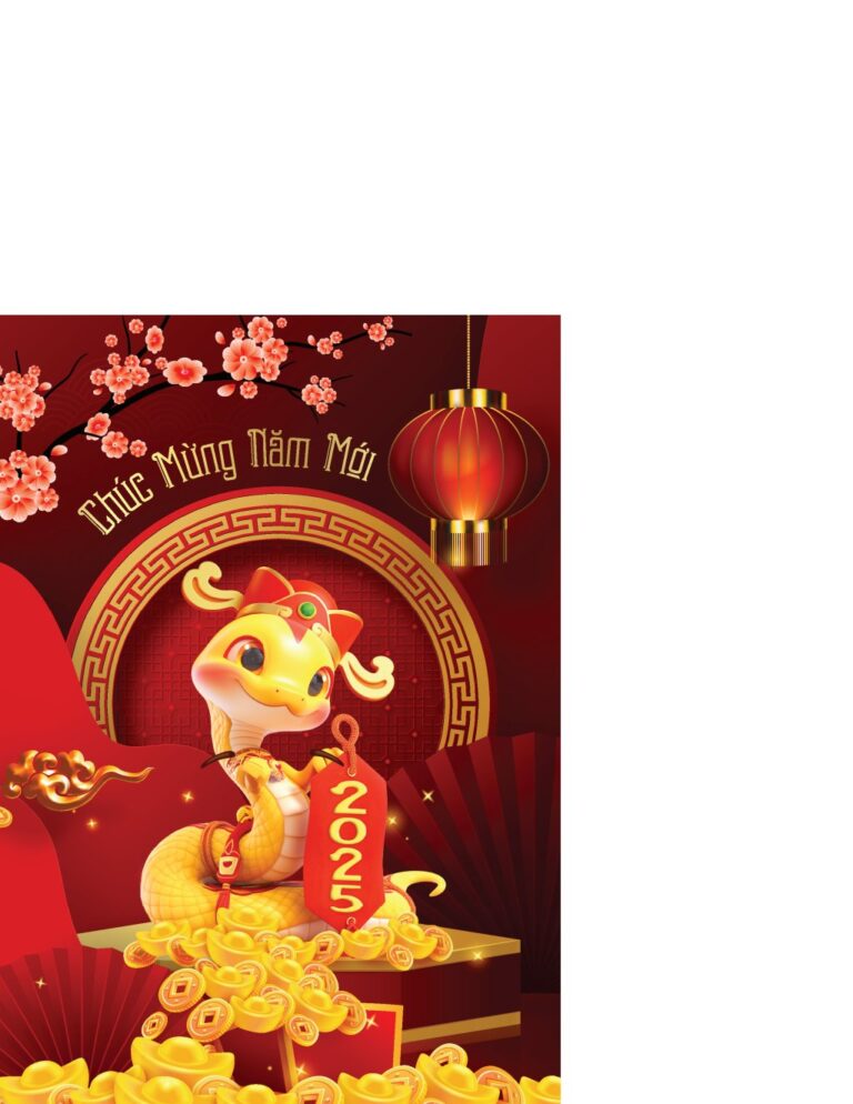 Vector Tết 2025 phong cách Á Đông hiện đại với linh vật rồng vàng đáng yêu, vàng thỏi, hoa mai và đèn lồng đỏ.