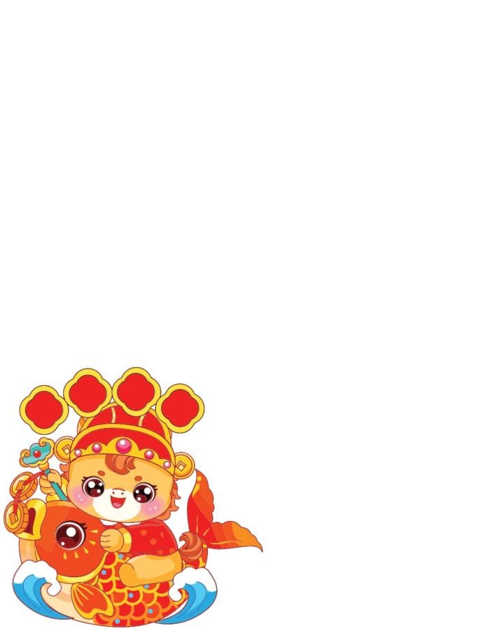 Hình vector bé trai mũm mĩm, đáng yêu, đội mũ quan truyền thống, ôm gậy như ý, cưỡi trên lưng cá chép vàng bơi trên sóng xanh, biểu tượng may mắn và tài lộc cho dịp Tết.