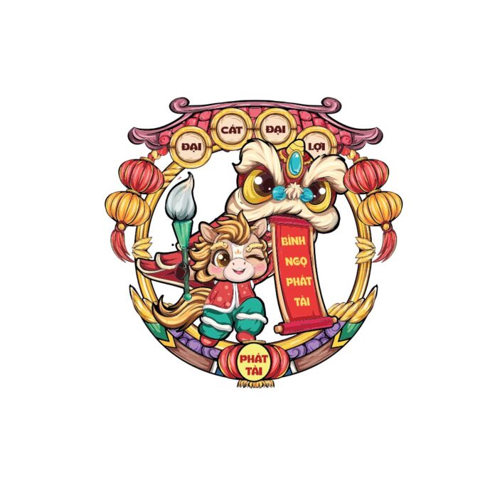 Vector Tết Bính Ngọ 2026 phong cách chibi với chú ngựa trắng, đầu lân đỏ, đèn lồng và đồng tiền vàng chúc Đại Cát Đại Lợi Phát Tài.