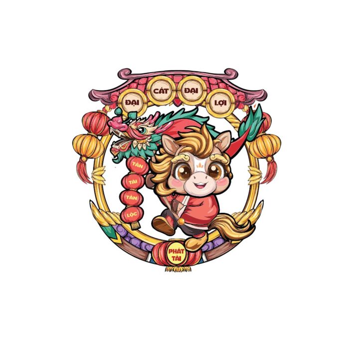 Vector Tết chibi Đại Cát Đại Lợi với ngựa hoạt hình, rồng xanh, chữ Hán Việt may mắn trong khung vàng rực rỡ