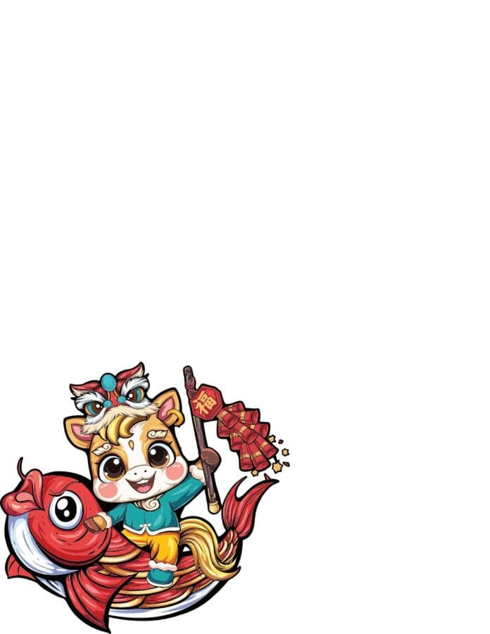 Vector Tết Chibi đáng yêu với nhân vật hoạt hình cưỡi cá chép, cầm pháo và cờ chữ Phúc, phong cách lễ hội Á Đông