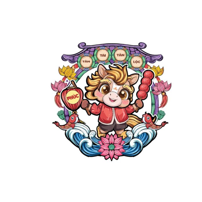Vector Tết Chibi Ngựa đáng yêu với lồng đèn chữ Phúc, kẹo hồ lô, hoa sen và cá chép, trên nền khung vòm chữ Tân Tài Tân Lộc, rực rỡ sắc màu truyền thống Tết.