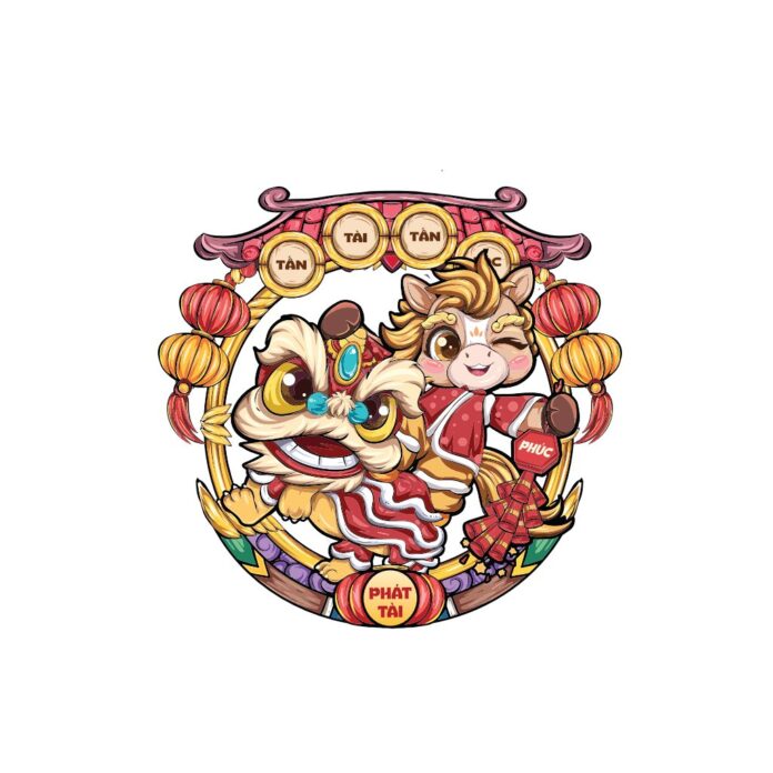 Vector Tết Chibi Phát Tài Lộc với lân và ngựa con đáng yêu, khung trang trí màu đỏ vàng rực rỡ