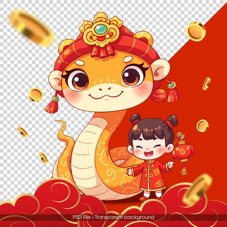 Vector Tết 2025 chibi chú rắn vàng và bé gái cầm đèn lồng đỏ, mang không khí mừng Xuân may mắn