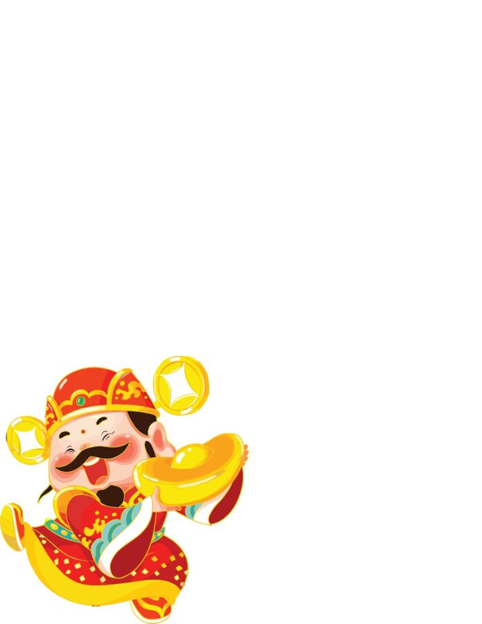 Vector Thần Tài hoạt hình vui tươi, áo đỏ, mũ vàng, cầm thỏi vàng lớn, có đồng tiền vàng bay lơ lửng, định dạng EPS chất lượng cao