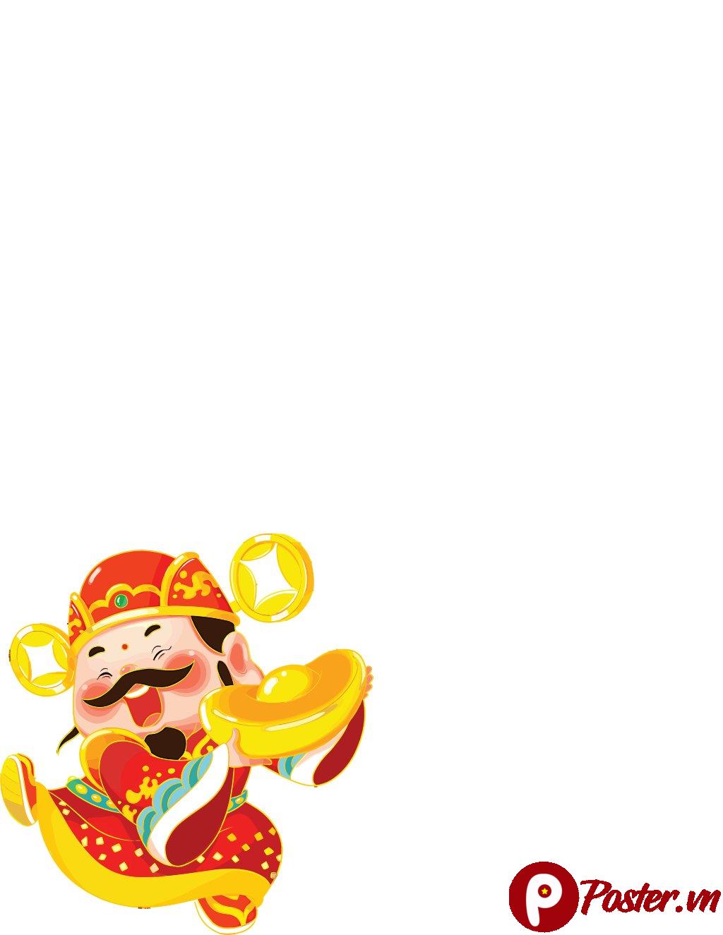 Vector Thần Tài hoạt hình vui tươi, áo đỏ, mũ vàng, cầm thỏi vàng lớn, có đồng tiền vàng bay lơ lửng, định dạng EPS chất lượng cao