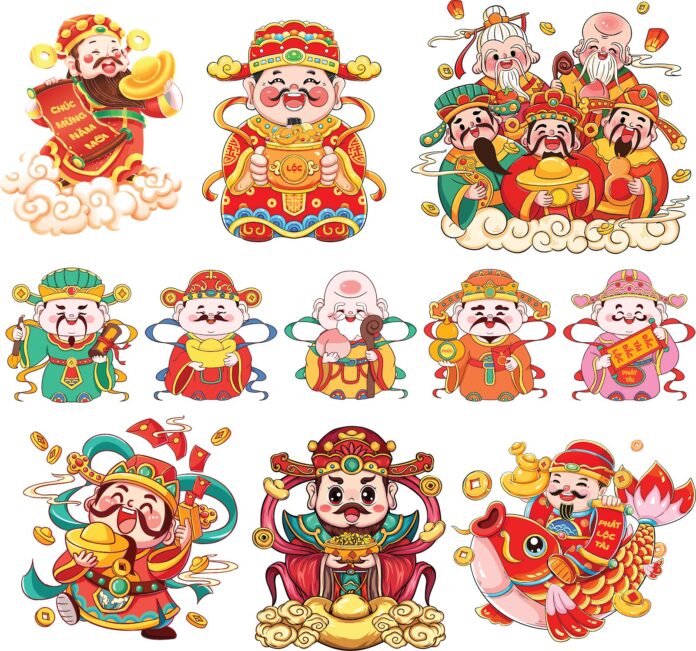 Bộ sưu tập Vector Thần Tài hoạt hình phong cách chibi đáng yêu, file EPS chất lượng cao cho thiết kế Tết