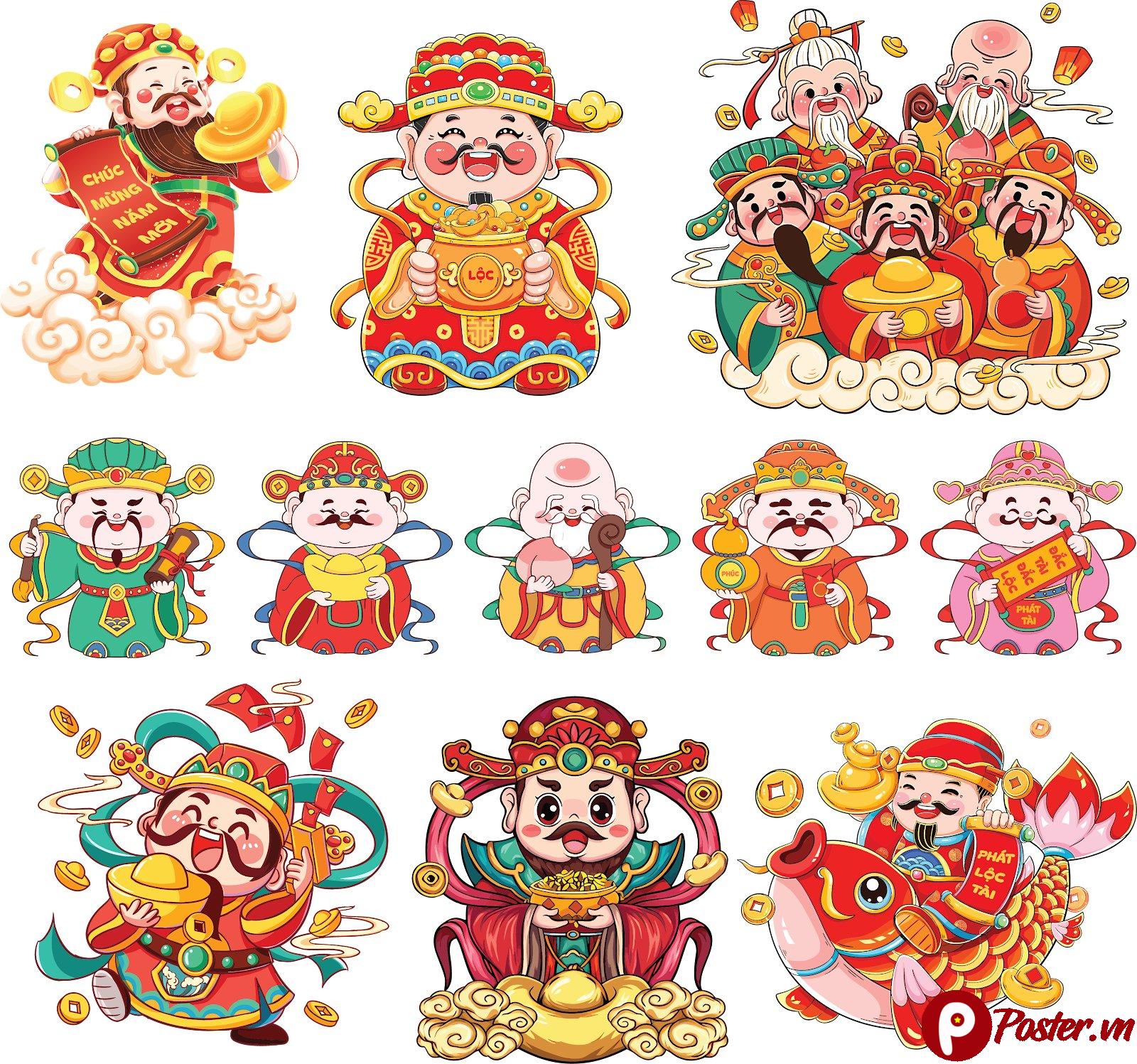 Bộ sưu tập Vector Thần Tài hoạt hình phong cách chibi đáng yêu, file EPS chất lượng cao cho thiết kế Tết