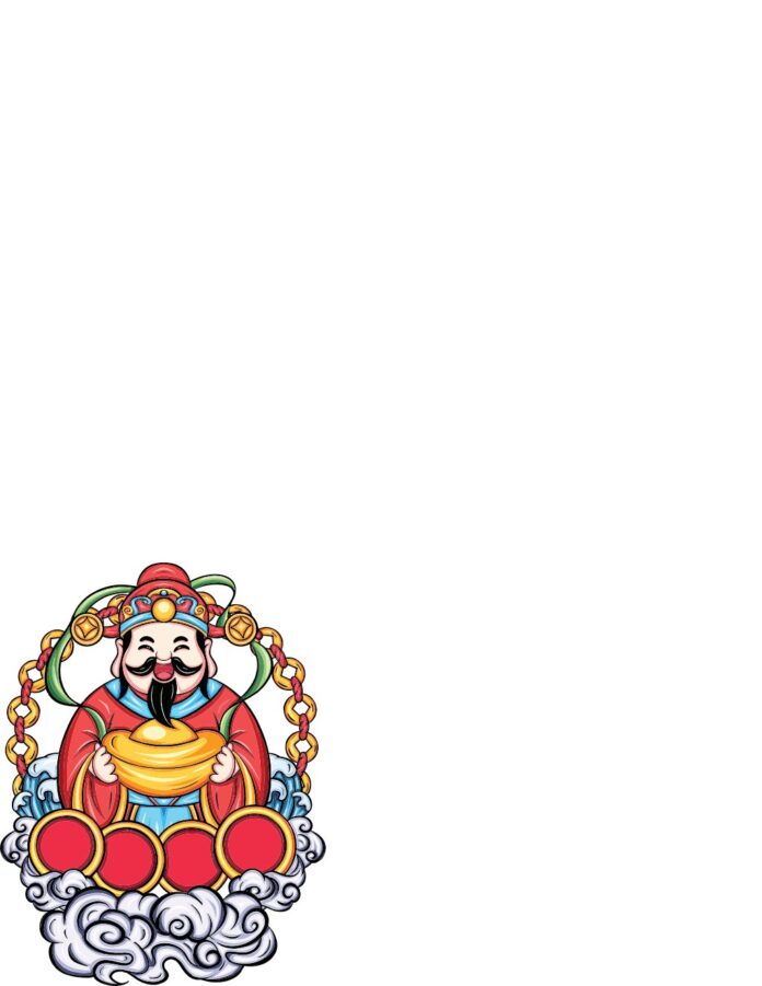 Vector Thần Tài hoạt hình đáng yêu ôm thỏi vàng, mang may mắn tài lộc trên nền mây và vòng tròn đỏ. Thích hợp cho thiết kế Tết và quảng cáo tài lộc.