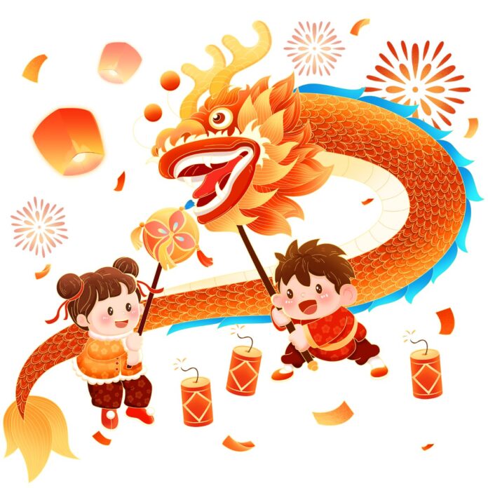 Vector trẻ em múa lân Tết