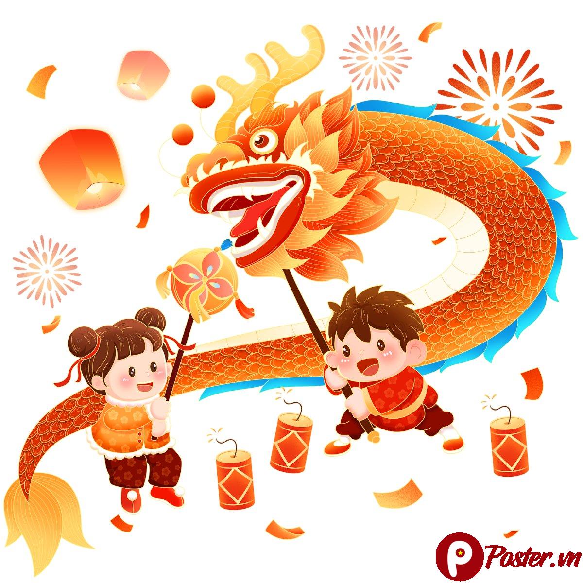 Vector trẻ em múa lân Tết