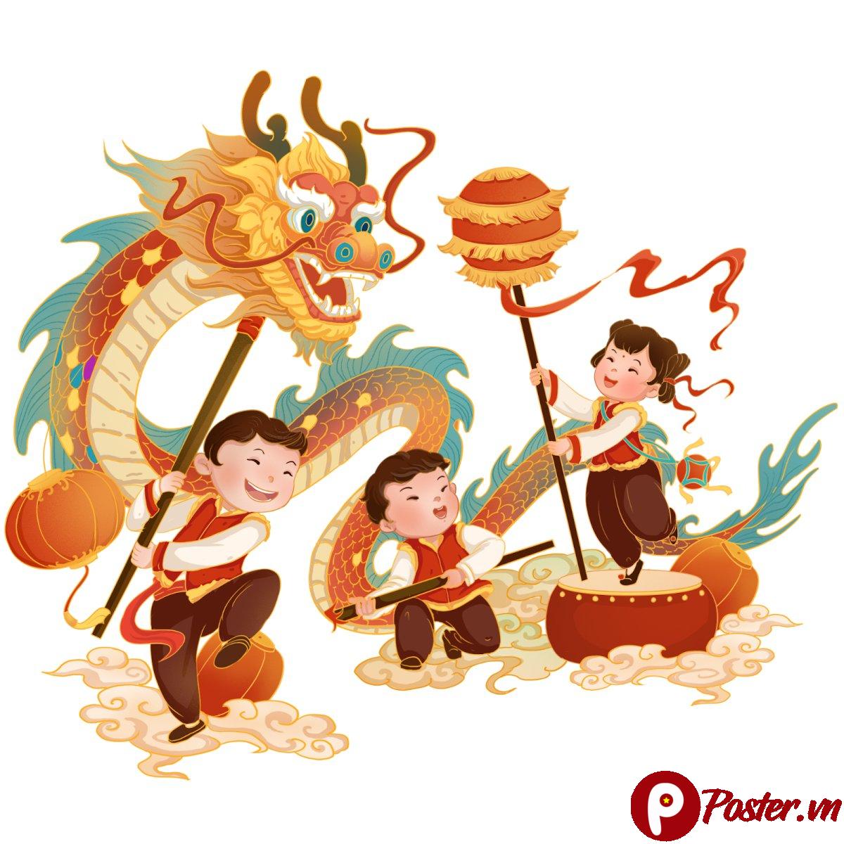 Vector trẻ em múa lân Tết