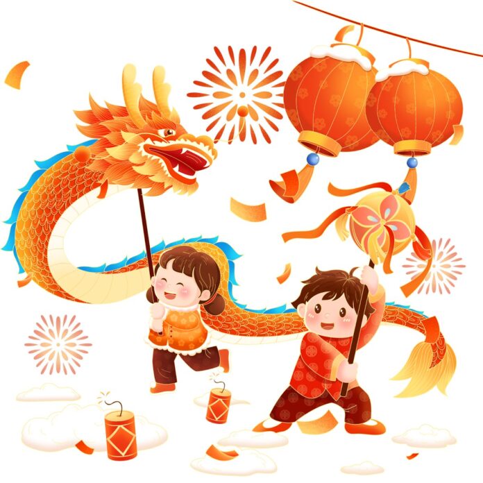 Vector trẻ em múa rồng Tết