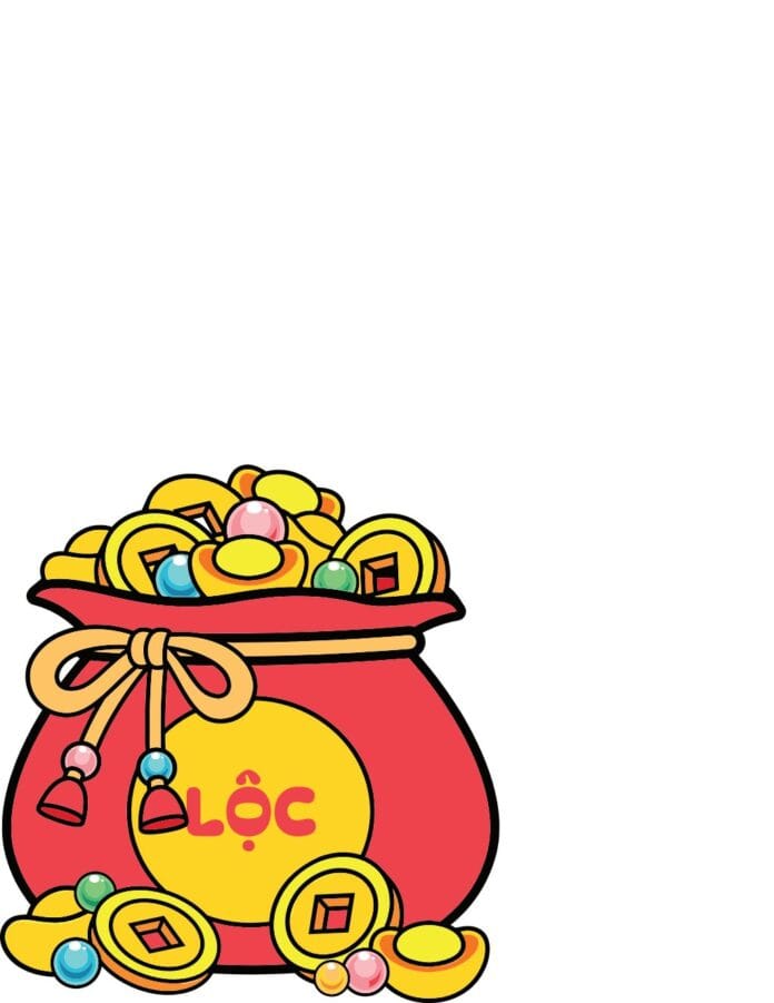 Vector túi Lộc Tết màu đỏ đầy vàng thỏi, tiền xu và chữ LỘC may mắn, phong cách hoạt hình đáng yêu