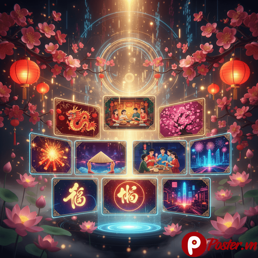 Bộ sưu tập video chúc Tết 2026 với hình ảnh pháo hoa rực rỡ, hoa mai, hoa đào và các yếu tố văn hóa Việt Nam, kèm theo lời chúc mừng năm mới ý nghĩa.