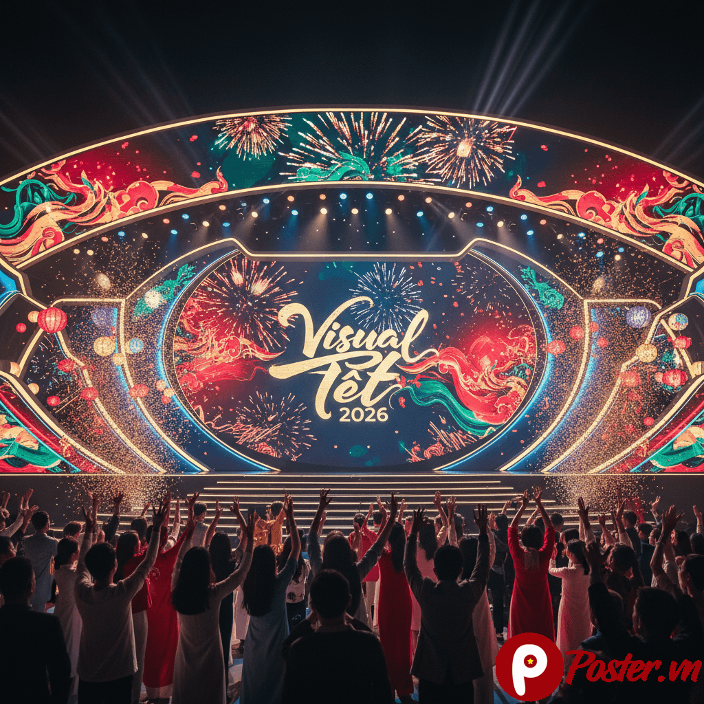 Màn hình LED sân khấu rực rỡ với visual Tết 2026, hiệu ứng pháo hoa và hoa mai vàng đón chào năm mới.