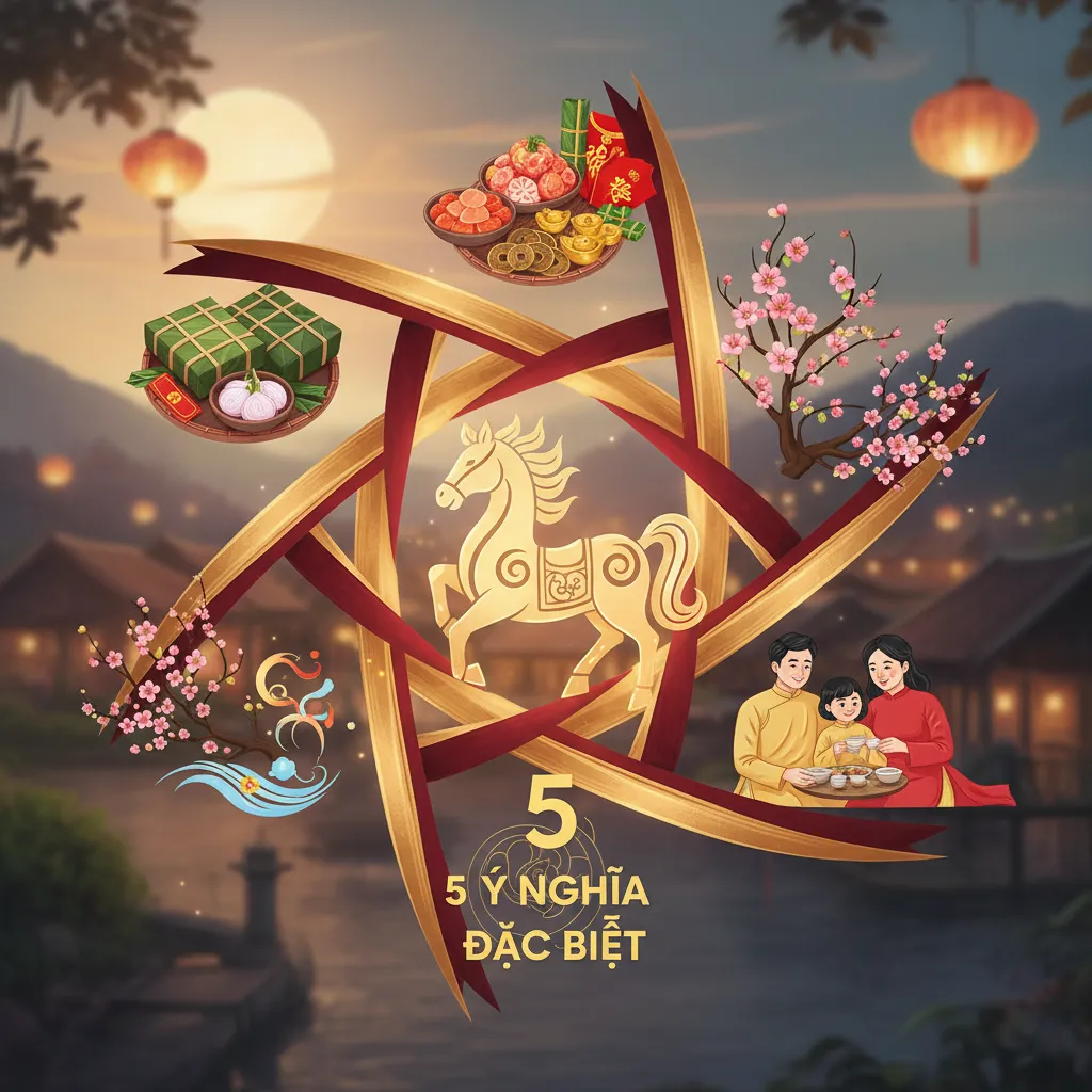 Hình ảnh biểu tượng Tết Bính Ngọ 2026 với linh vật ngựa, hoa đào, hoa mai, pháo đỏ và các vật phẩm phong thủy truyền thống, mang lại không khí may mắn, thịnh vượng.