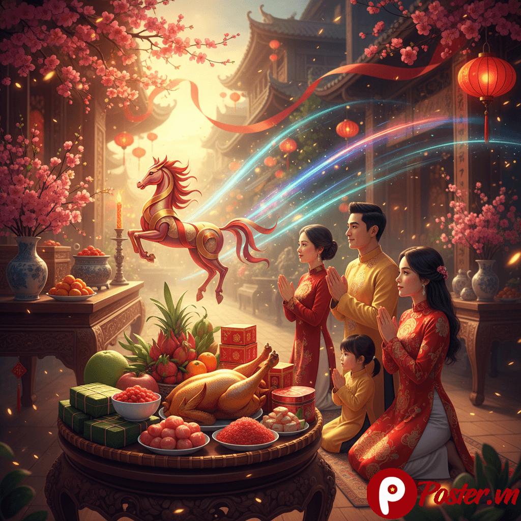 Hình ảnh gia đình Việt sum vầy gói bánh chưng, bánh tét, trang trí nhà cửa đón Tết Bính Ngọ 2026 với hoa mai, hoa đào và câu đối đỏ.