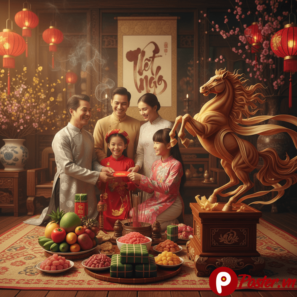 Hình ảnh gia đình Việt Nam sum vầy bên mâm cỗ ngày Tết Bính Ngọ 2026 với hoa đào, bánh chưng và lì xì, thể hiện không khí ấm cúng và phong tục truyền thống.