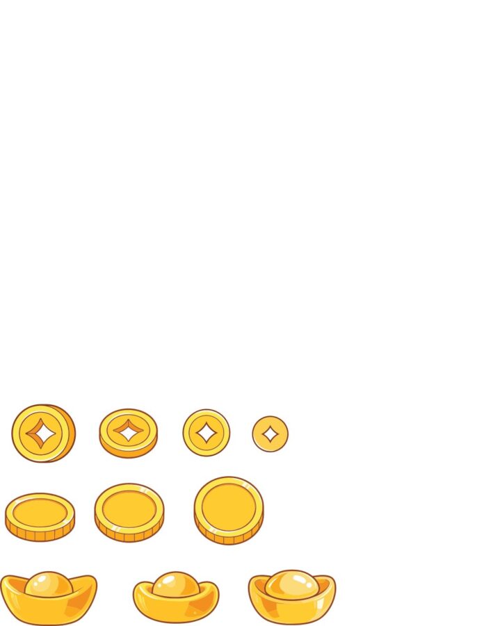 Bộ icon yếu tố phú quý vector EPS gồm tiền vàng, thỏi vàng, đồng xu cổ phong cách hoạt hình màu vàng rực rỡ trên nền trắng