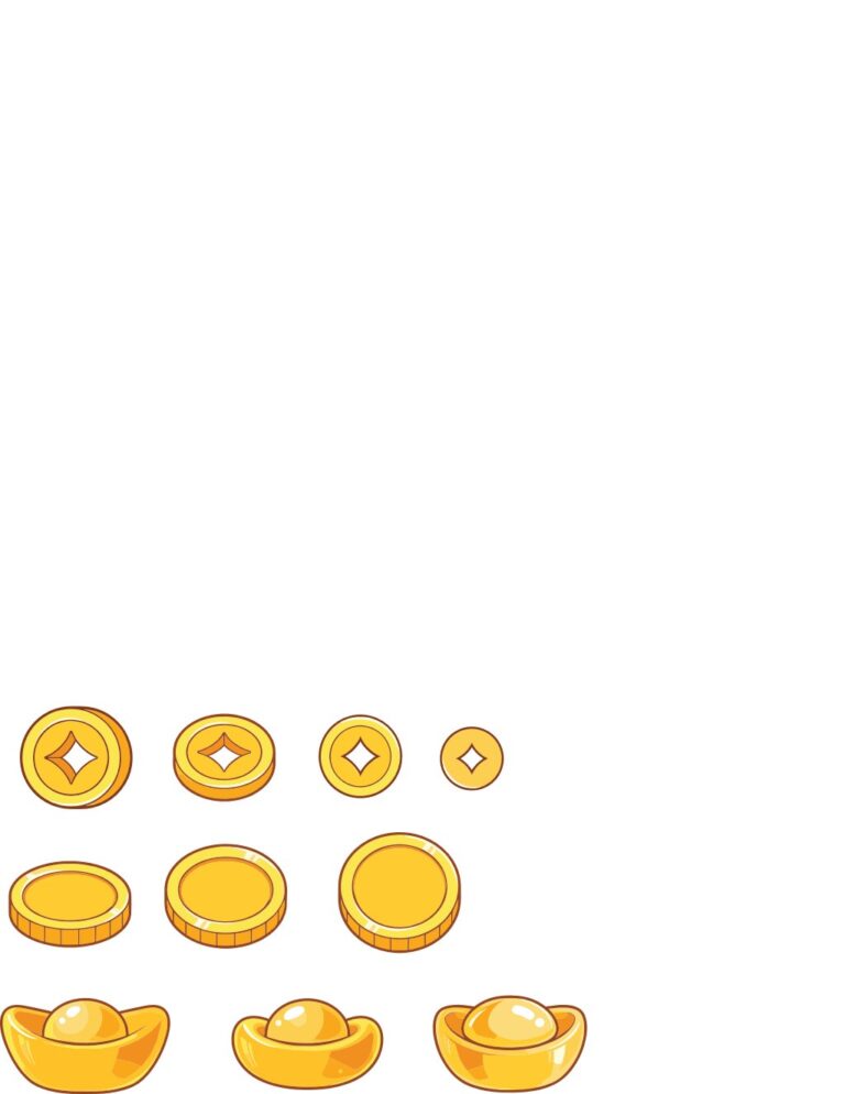 Bộ icon yếu tố phú quý vector EPS gồm tiền vàng, thỏi vàng, đồng xu cổ phong cách hoạt hình màu vàng rực rỡ trên nền trắng