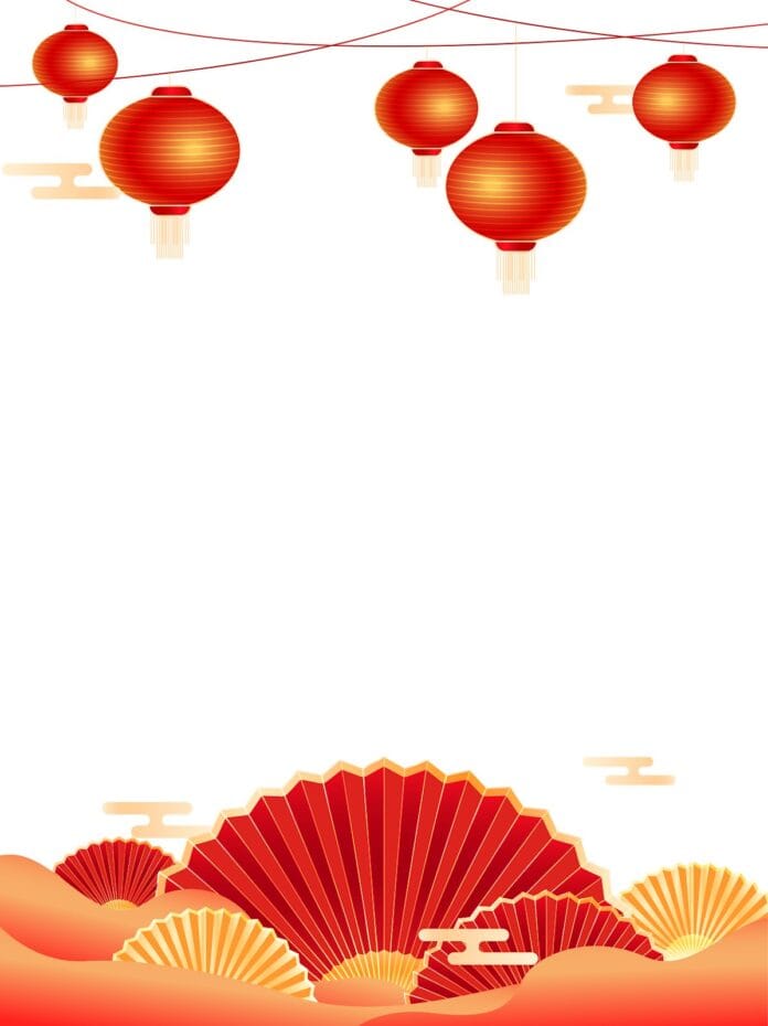 Các yếu tố trang trí Tết Nguyên Đán với đèn lồng đỏ, quạt giấy truyền thống màu vàng đỏ và mây cách điệu, phong cách đồ họa phẳng.