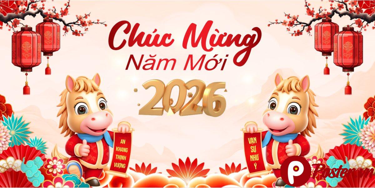 Backdrop Tết 2026 chú ngựa dễ thương
