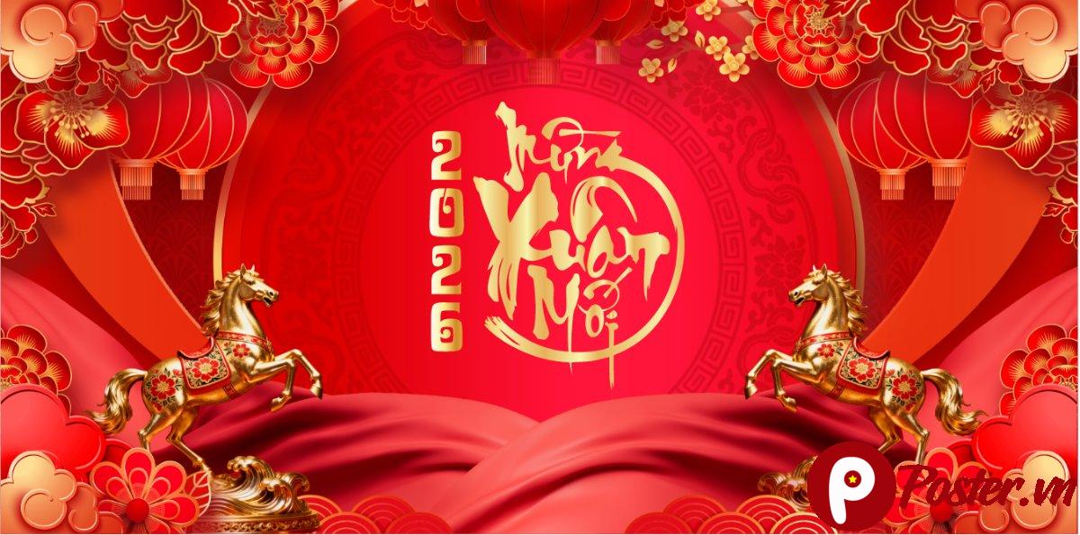 Backdrop Tết 2026 Đỏ Vàng
