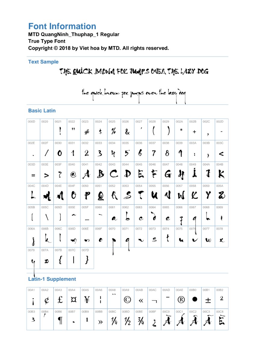 Thông tin Font Thư Pháp MTD QuangNinh