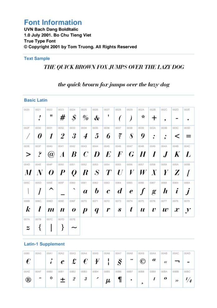 Thông tin Font UVN Bach Dang BoldItalic