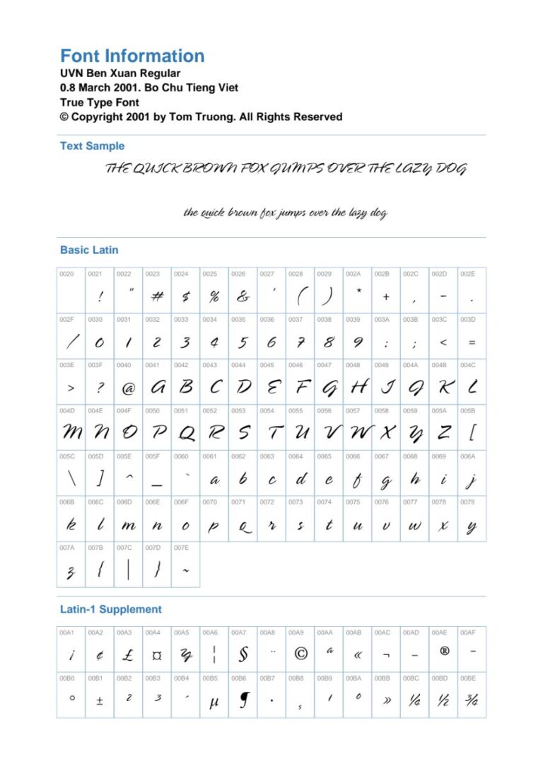 Thông tin Font UVN Ben Xuan Regular