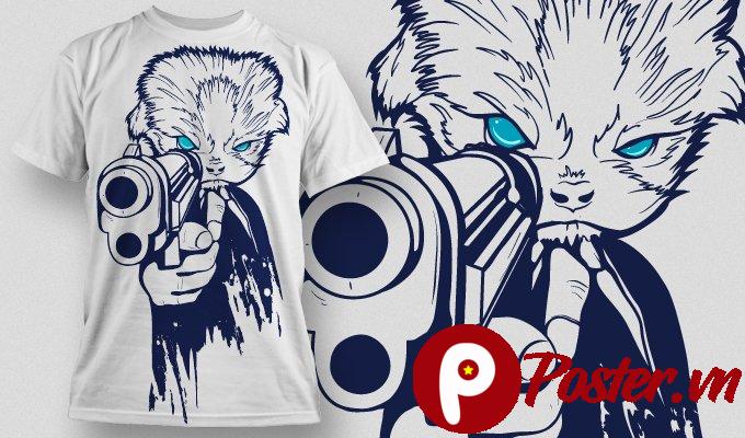 Mẫu áo thun mèo cầm súng vector
