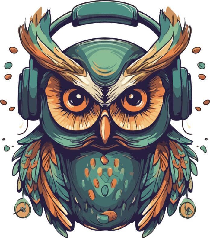 Vector cú đeo tai nghe vintage