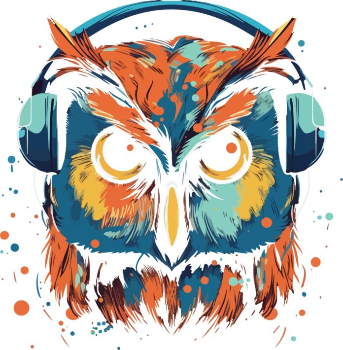 Vector cú đeo tai nghe phong cách vintage