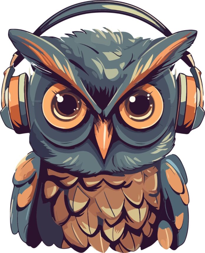Vector cú mèo đeo tai nghe vintage