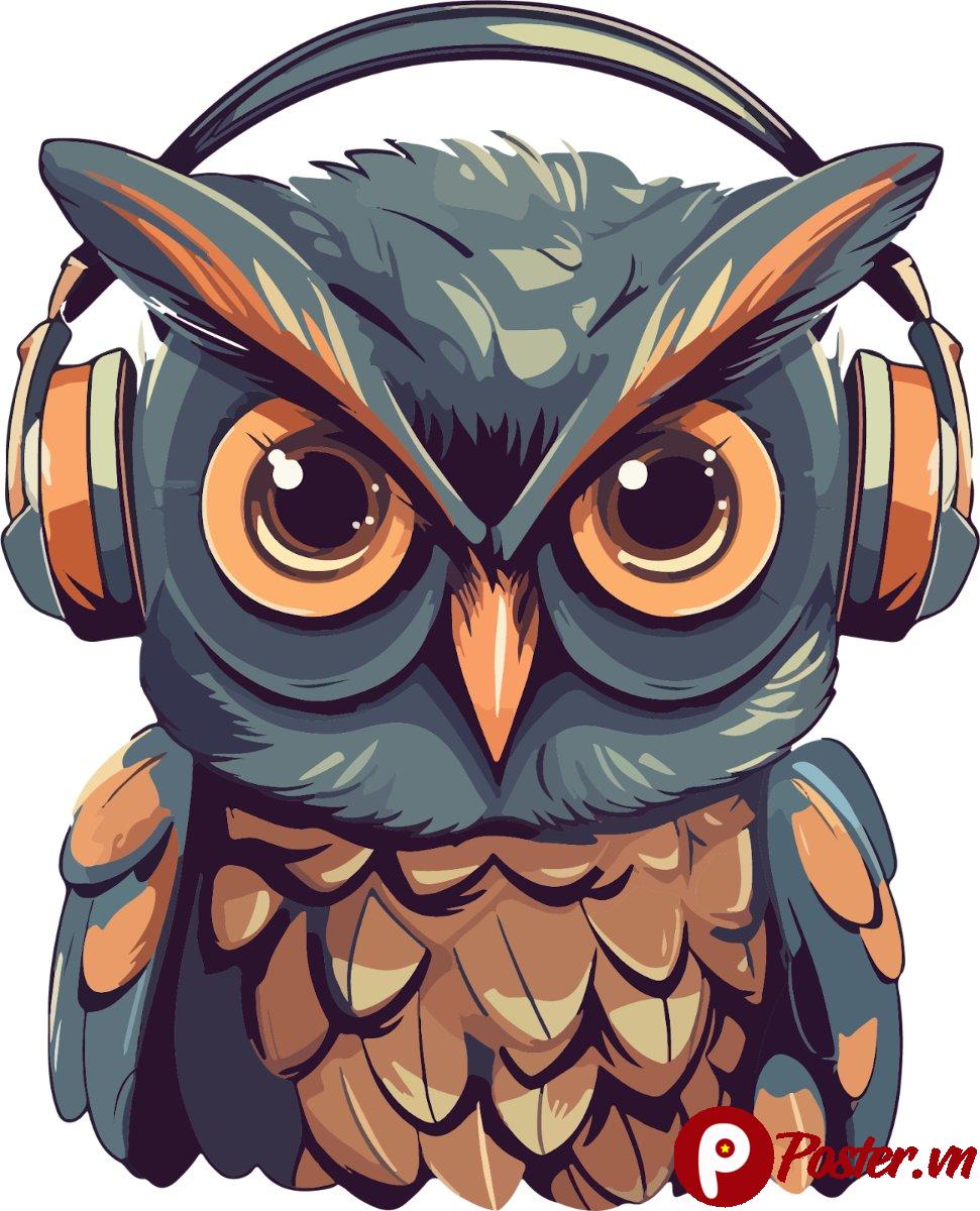 Vector cú mèo đeo tai nghe vintage