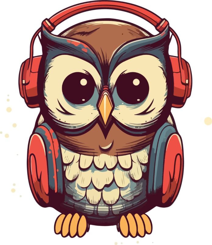 vector cú mèo nghe nhạc vintage