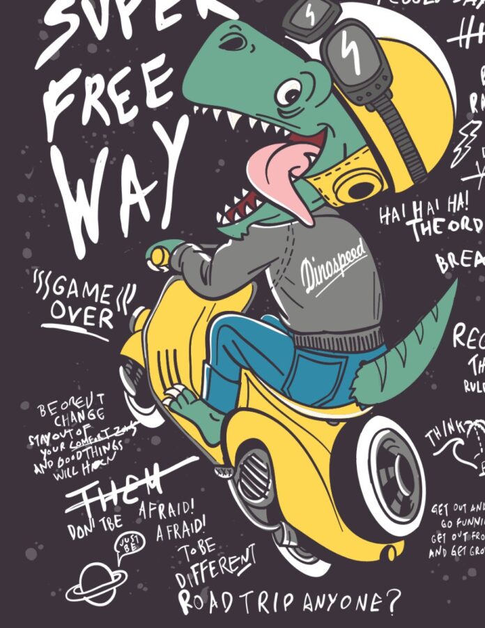 Vector khủng long đi xe máy