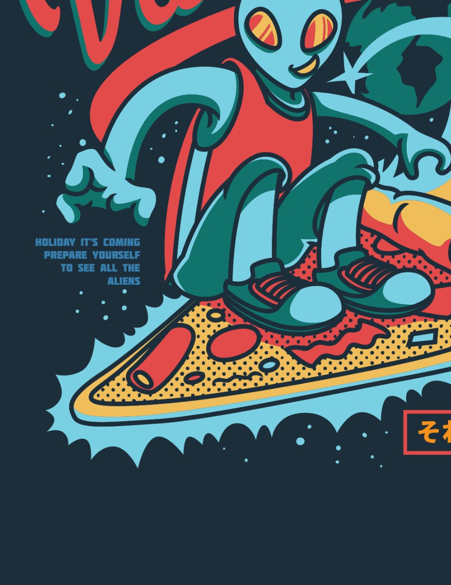 Vector Người Ngoài Hành Tinh Lướt Ván Pizza